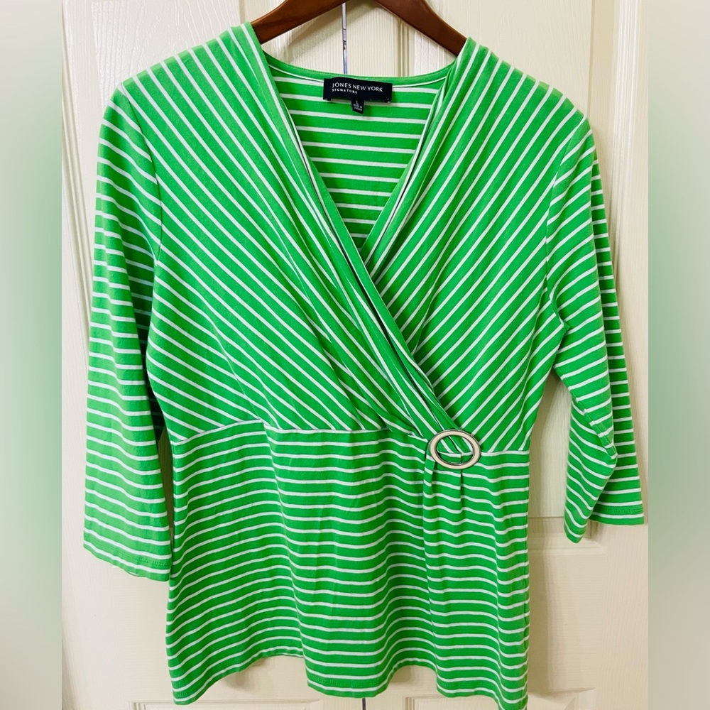 Jones New York Green and White Striped Wrap Top